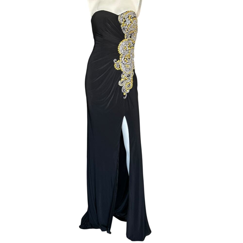 Atria Couture Black Dress Gown Yellow and Silver Jewel Embellishments Size 2
